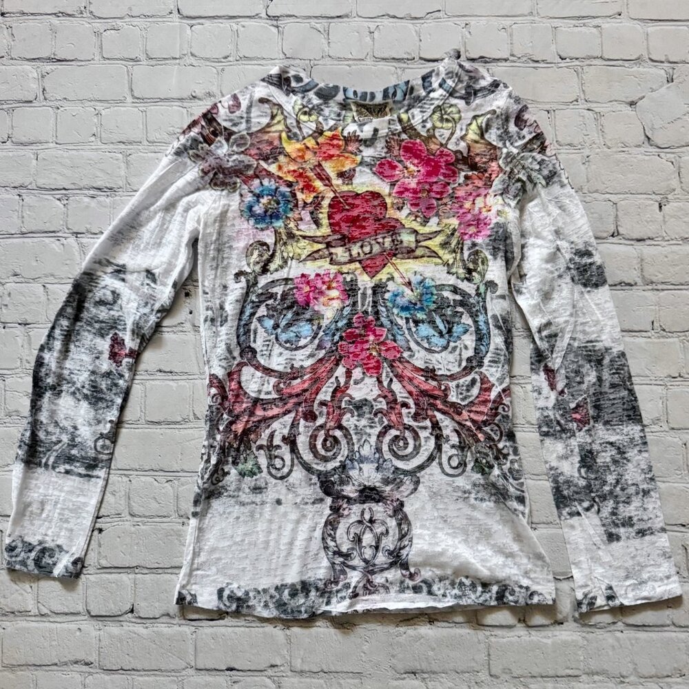 Vocal Apparel womens white burnout heart floral LOVE long sleeve shirt L Large